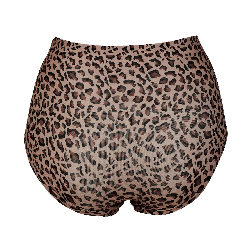 High-waisted leopard print bikini bottoms shown from the back, featuring a classic brown and black animal print on a beige background.