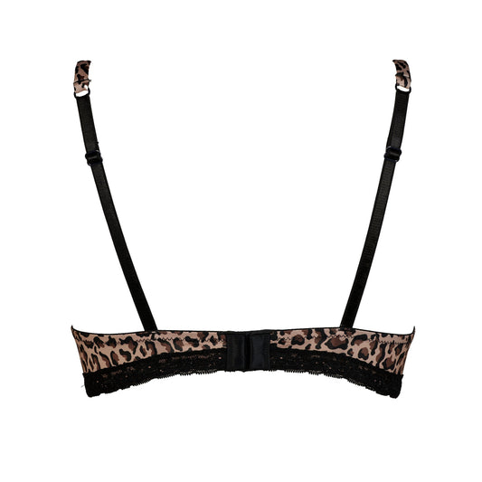 A leopard print and black lace bralette with adjustable black shoulder straps, shown against a plain white background.