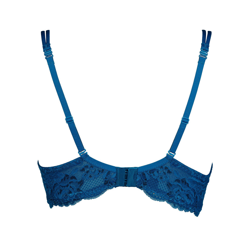 A blue lace underwire bra with adjustable shoulder straps, shown against a plain white background.