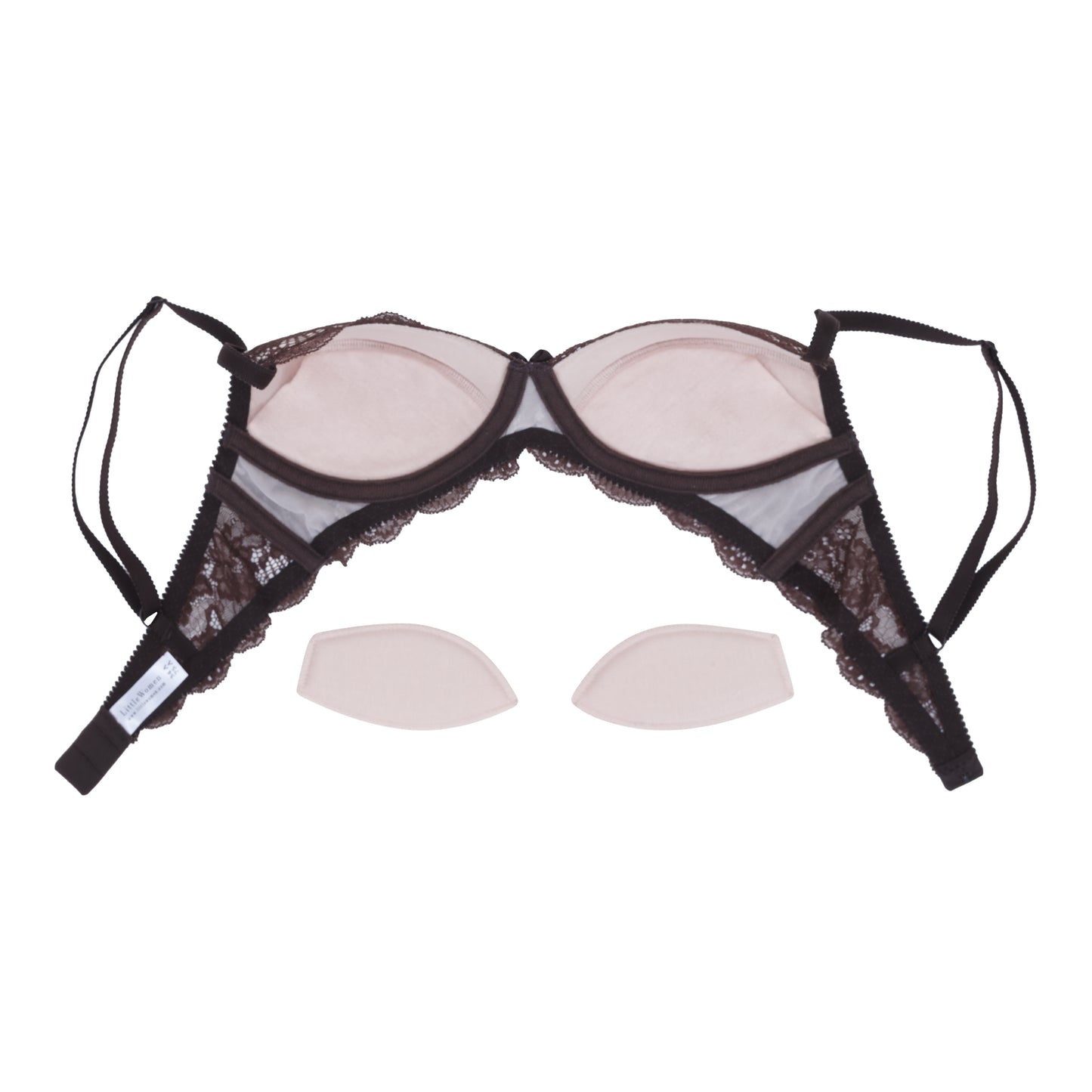 Brown lace bra with two white paddings on a white background