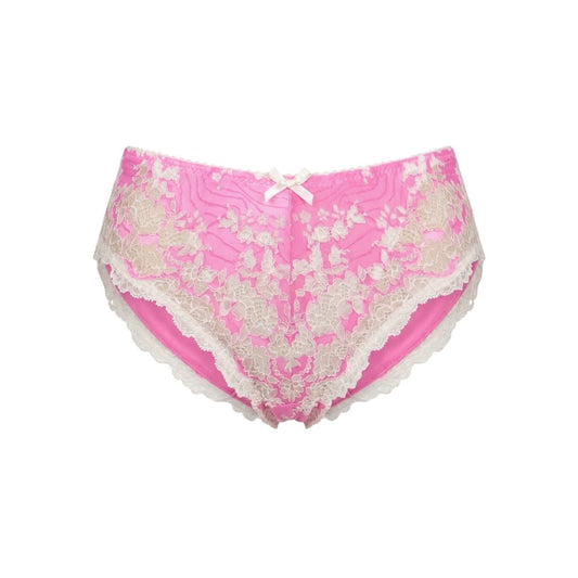 Pink lace panties with white floral lace trim and a small white bow at the center front, shown on a plain white background.