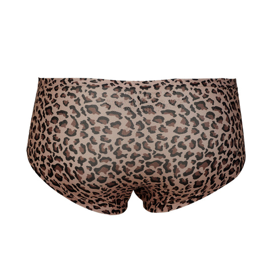 Leopard print briefs in a brown and beige pattern, shown from the back on a plain white background.
