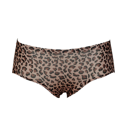 Leopard print bikini bottoms in a brown and beige pattern, shown flat against a solid white background.