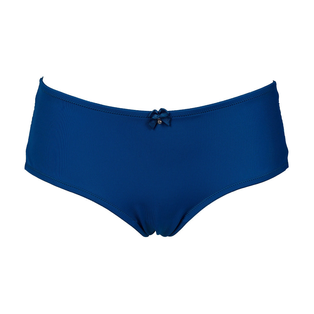 A pair of royal blue ribbed bikini bottoms with a small matching fabric bow at the center front, displayed against a solid white background.