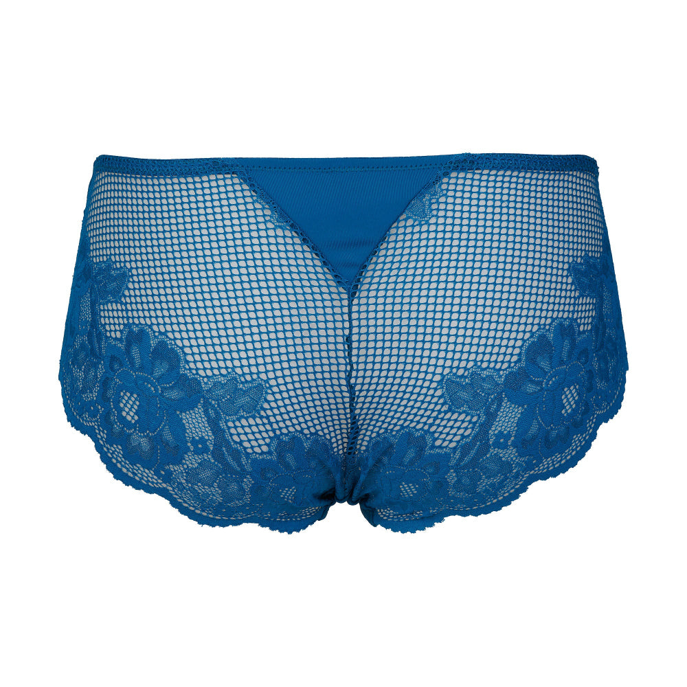 Blue lace and mesh briefs with a solid blue waistband, shown against a plain white background.