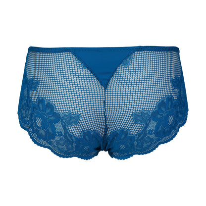 Blue lace and mesh briefs with a solid blue waistband, shown against a plain white background.