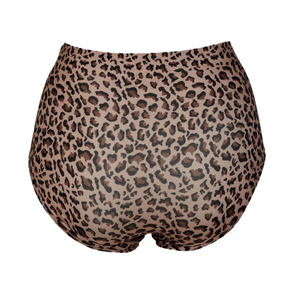 High-waisted leopard print bikini bottoms shown from the back, featuring a classic brown and black animal print on a beige background.