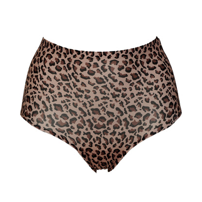 High-waisted leopard print bikini bottoms in a brown and beige animal print pattern, shown against a plain white background.