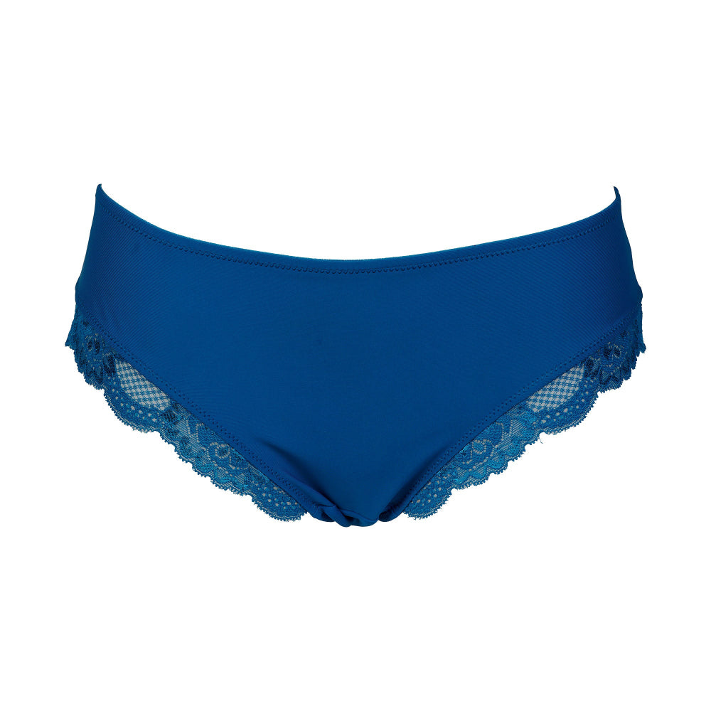 Blue lace-trimmed bikini bottom on a plain white background.