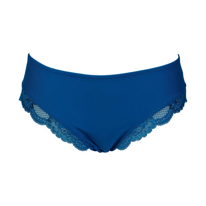 Blue lace-trimmed bikini bottom on a plain white background.
