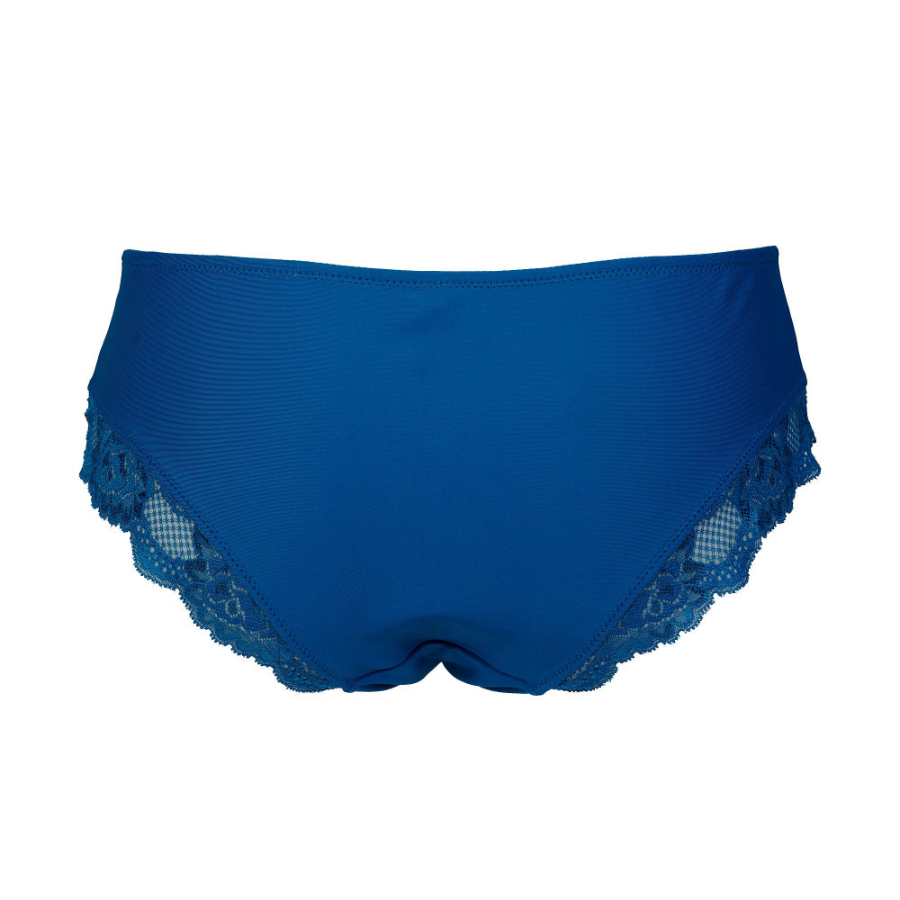 Blue ribbed lace-trim briefs shown flat against a plain white background.