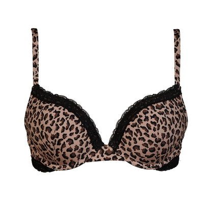 A leopard print bra with black lace trim along the underband and straps, shown against a plain white background.