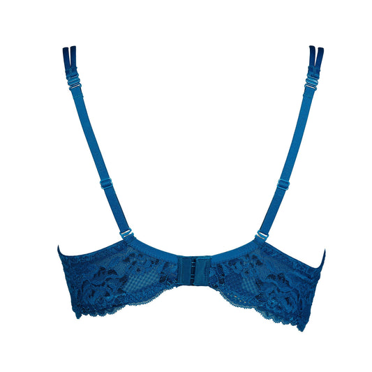A blue lace underwire bra with adjustable shoulder straps, shown against a plain white background.
