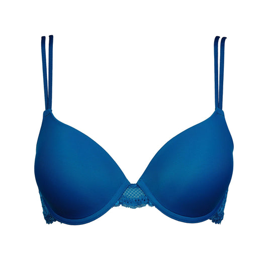 A royal blue underwire bra with double shoulder straps and a lace-trimmed center band, shown against a plain white background.