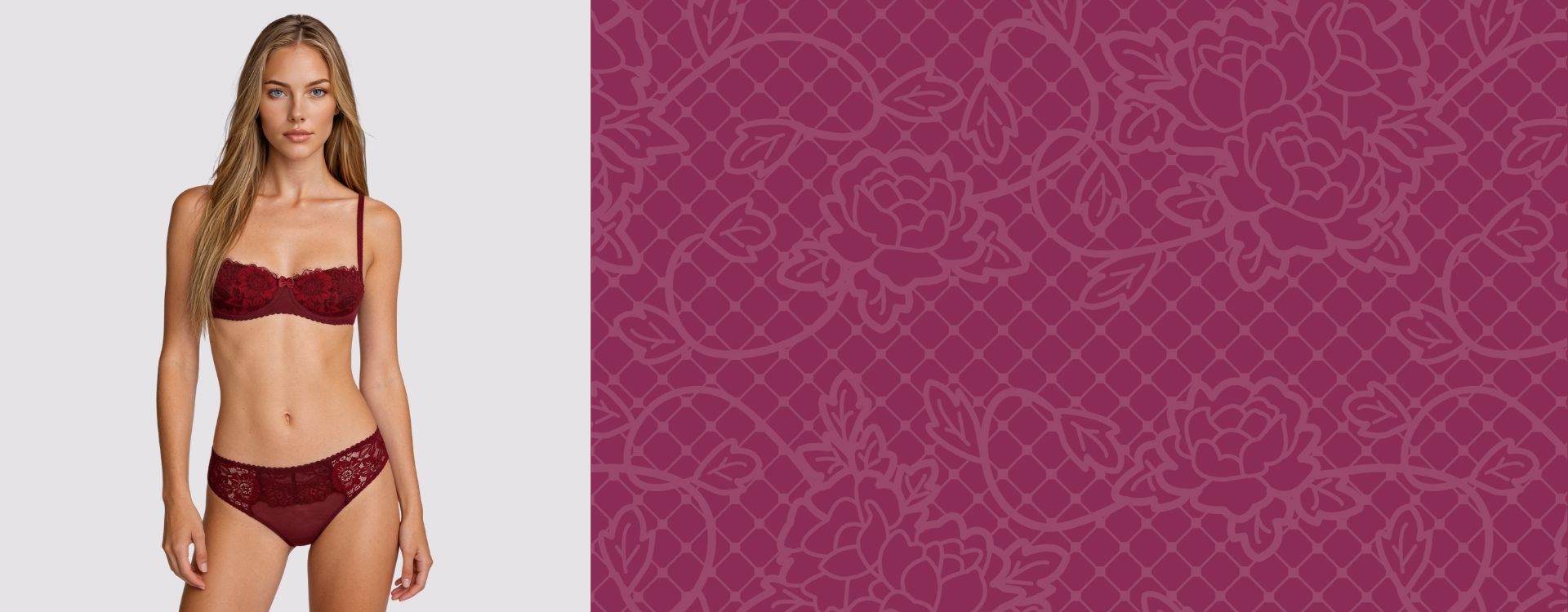 A model wearing a burgundy lace bra and matching underwear stands against a light gray background on the left, while the right side shows a close-up of the matching burgundy lace floral pattern.