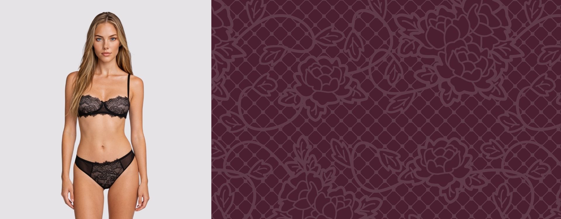A model wearing a black lace lingerie set is shown on the left against a light gray background, while the right side displays a close-up of the matching dark burgundy lace fabric with a floral pattern.