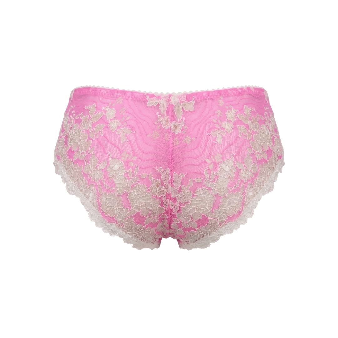 Pink lace briefs with white floral lace overlays and a scalloped white lace hem, shown against a plain white background.