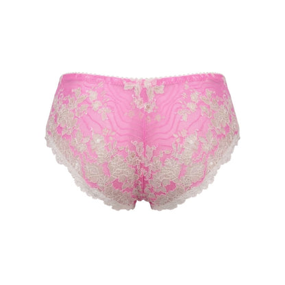 Pink lace briefs with white floral lace overlays and a scalloped white lace hem, shown against a plain white background.