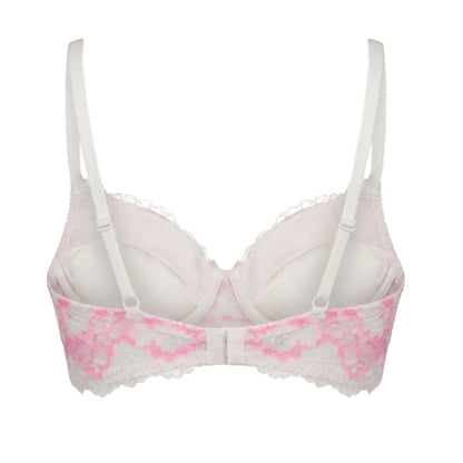 White underwire bra with pink floral lace trim along the underband and scalloped lace cups, shown against a plain white background.