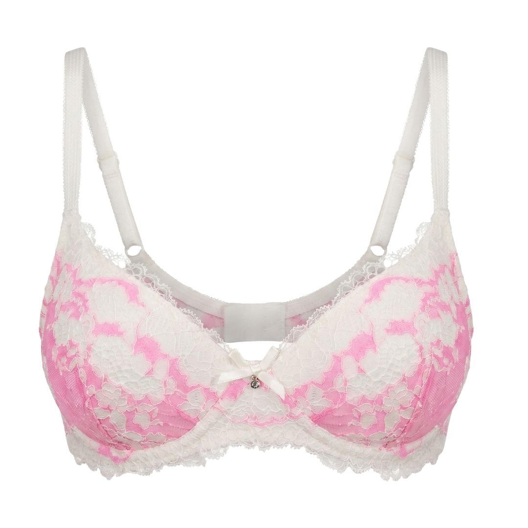 Pink and white lace underwire bra with adjustable shoulder straps and a small bow at the center front, shown on a plain white background.