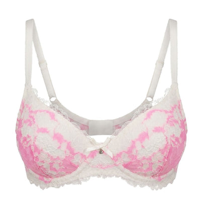 Pink and white lace underwire bra with adjustable shoulder straps and a small bow at the center front, shown on a plain white background.