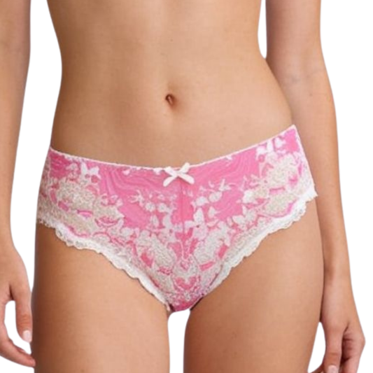Pink and white floral lace panties shown on a model, featuring a small bow at the center front and white lace trim.