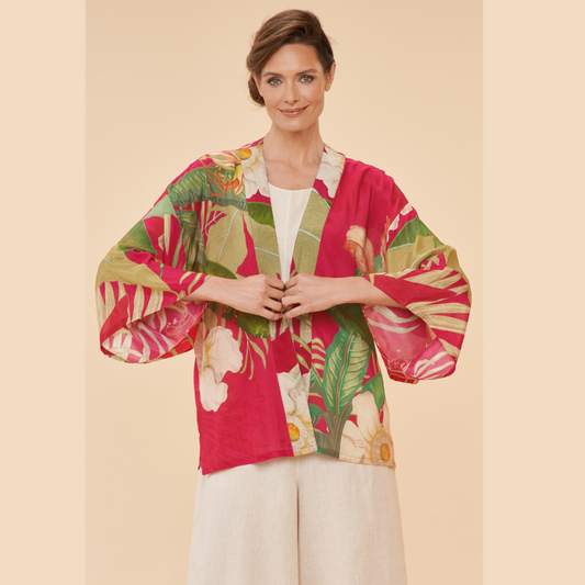 Ladies Kimono Jacket Delicate Tropical Dark Rose By Powder Design PKJ41 SS24